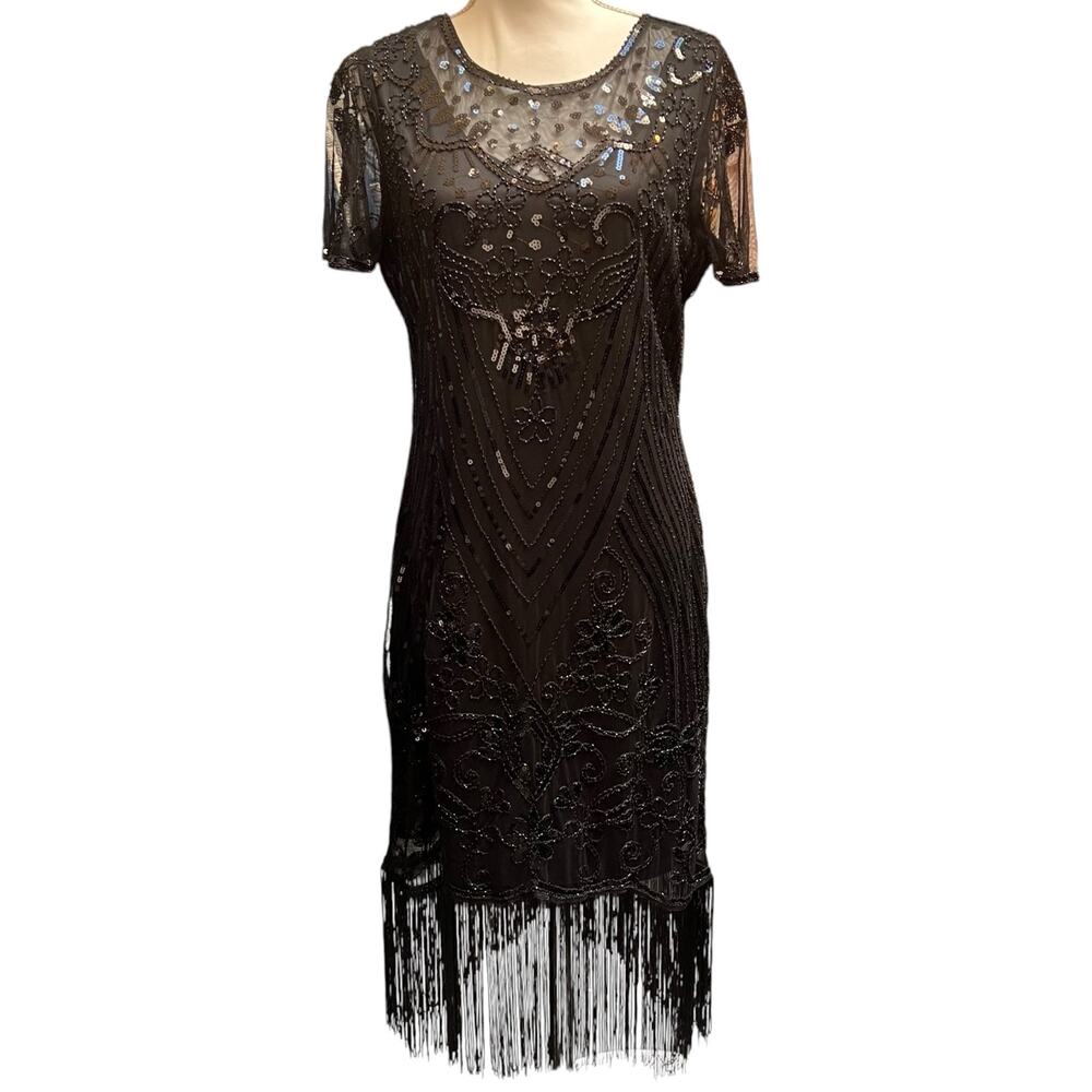 SWEETV Black Beaded Fringe Flapper Cocktail Dress Art Deco Size Small S GUC